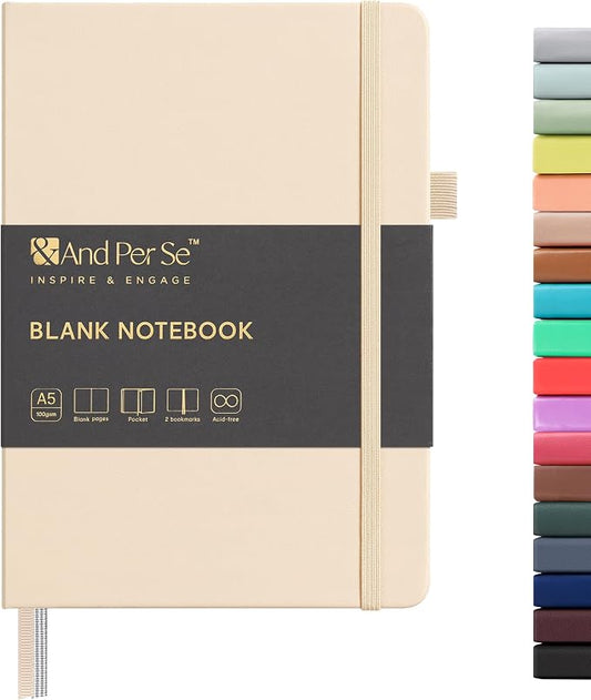 &And Per Se Blank Sketch Notebook, A5 Hardcover, 160 Pages 100gsm Thick Paper, Unlined Journal for Drawing, Doodling, Hand Lettering – Creative Gift for Artists, Designers, Writers (Light Apricot)