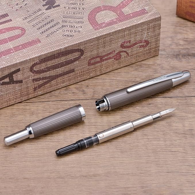 Jinhao 10 Press Fountain Pen with Box, Brushed Matt Gray Retractable Fine Nib with Converter Set (Silver Clip)