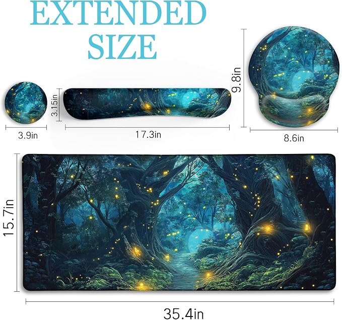 LIMKRIAN Mouse Pad with Wrist Rest, Firefly Forest Computer Desk Mat Set | Ergonomic Wrist Rest for Computer Keyboard, Large Mouse Pads for Desk Gaming, Cute Aesthetics Home Office Desk Accessories