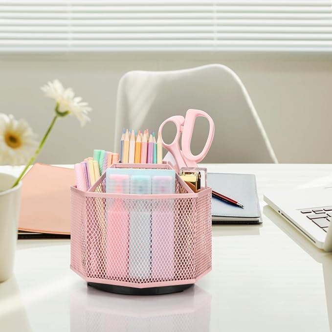 Exerz Desk Organizer 360 Rotating Pen Holder Storage Caddy Light Pink | Smooth Spinning Base with Open Mesh Sections Easy Access to Pens Brushes Scissors Daily Desk Tools