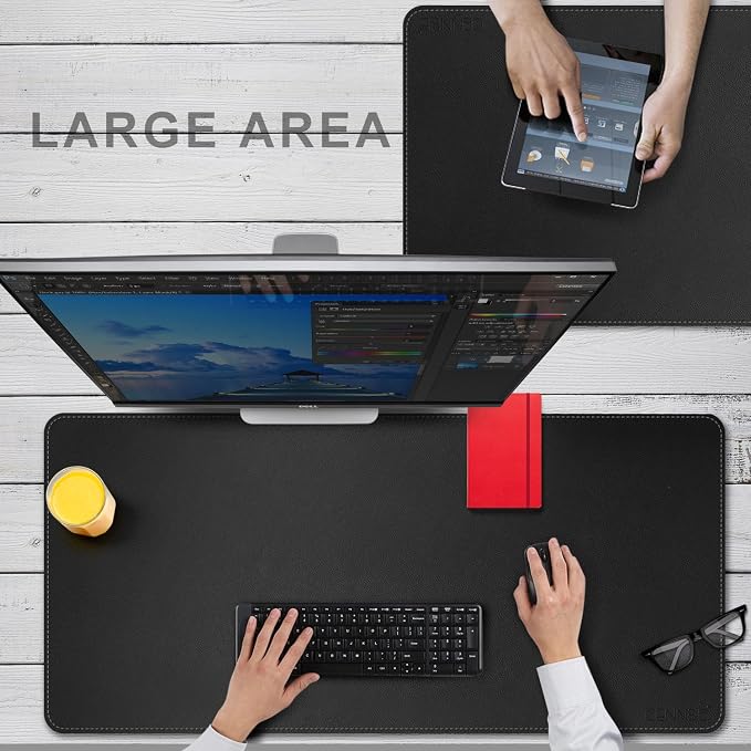 CENNBIE Leather Desk Mat Protector, 39.3" x 19.6" Large Mouse Pad(Black) | Premium stitched edges resist wear. Easy to clean. Protects desk from spills, stains ,scratches. Smooth glide. Office & home.