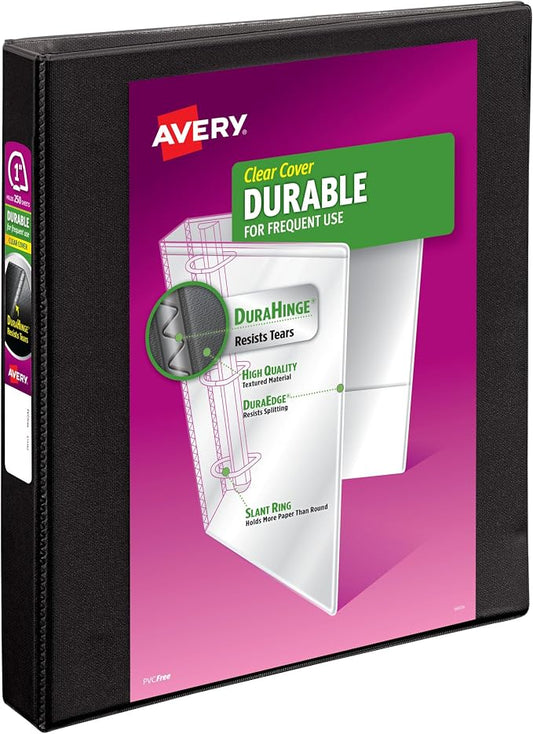 Avery Durable View 3 Ring Binder, 1 Inch Slant Rings, 250-Sheet Capacity, DuraHinge, 1.4 Inch Wide Spine, Customizable Clear Covers and Spine, 1 Black Binder (17011)