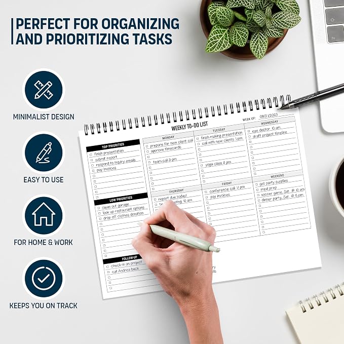 Weekly Planner To Do List Pad - 8.5x11" 52 Sheets Spiral - Desk Notepad | with Multiple Sections, Undated Planning Notebook Checklist, Todo List Agenda Plan, Notebook for Work
