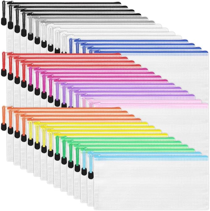 LABUK 42pcs Small Zipper Pouch, 9.5x4.3 Inches Mesh Zipper Pouches, 12 Colors, Waterproof Plastic Zip Bags for Bill Stationary, Office Supplies Storage and Classroom
