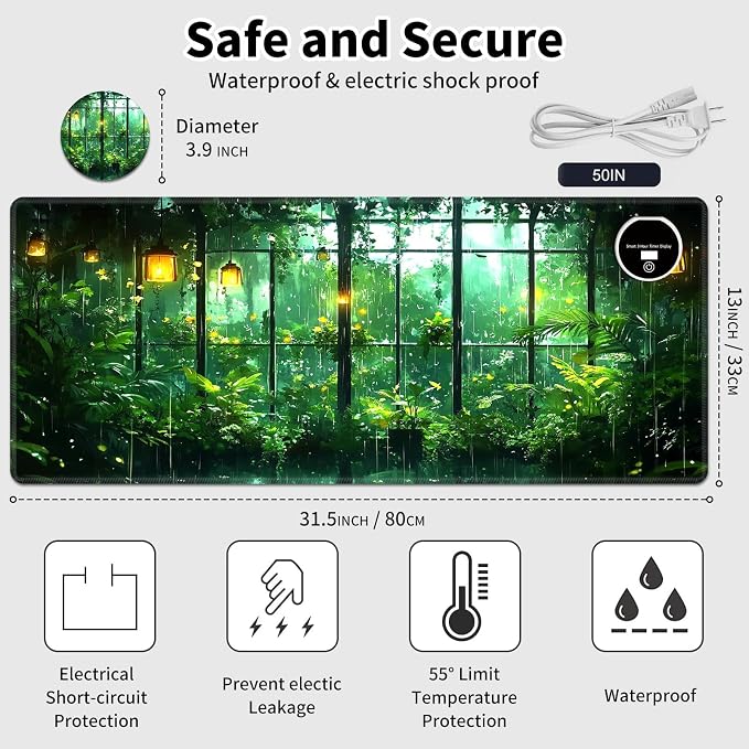 Warm Desk Pad,Heated Desk Pad,Office Mat,3 Heating Levels & 3 Hours Auto Shut-Off,31.5"*13" Gaming Mouse Laptop Keyboard Leather Desk Mat,Green Forest Window