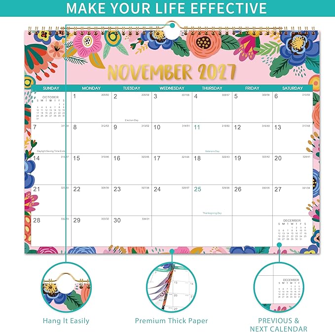 2027 Calendar - Wall Calendar 2027, 14.8'' x 11.5'', Jan. 2027 - Dec. 2027, Large Blocks, 2027 Wall Calendars with Julian Dates, Thick Paper