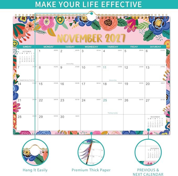 2027 Calendar - 2027 Wall Calendar, JAN 2027 - DEC 2027, 14.6" x 11.5", 2027 Wall Calendar 12 Month with Hanging Hook, for School, Home, Office Organization
