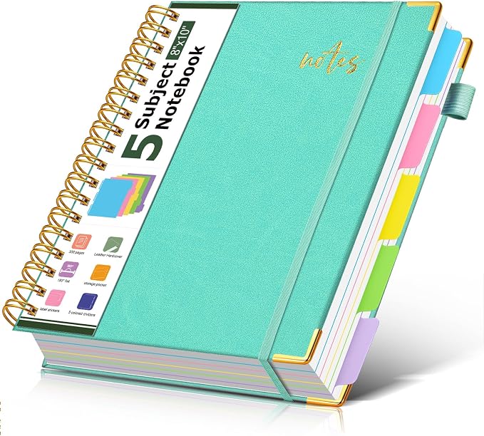 5 Subject Spiral Notebook Journal with Removable Dividers Tabs, 300 Pages Organizer Notebooks for Work School, 8"x10" Hardcover Leather Notebook College Ruled, Large Lined Journal for Women Men,Aqure