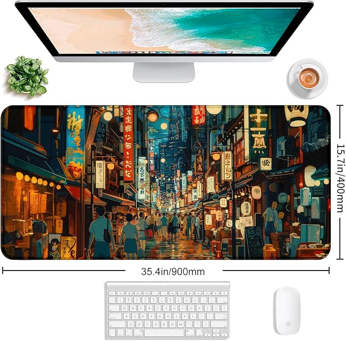Cute Japanese Street Keyboard Desk Mat, Tokyo Night View Computer Mouse Mat | Large Extended Mouse Pad; Full Desk Coverage; Waterproof Coating; Stable Anti-Slide Base For Gaming, Office, Study Daily Use