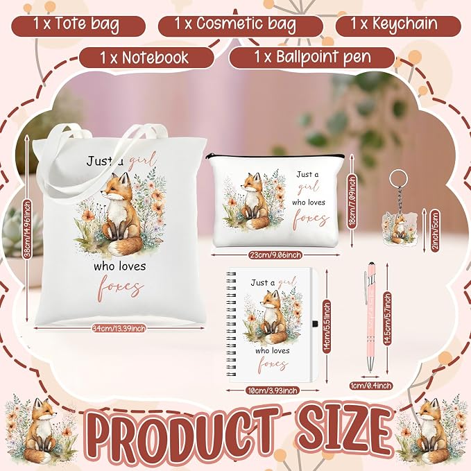 Kinlop 5 Pcs Foxes Gifts for Women Include Just a Girl Who Loves Foxes Tote Bag Canvas Cosmetic Bag Coil Notebook Keychain and Ballpoint Pen for Women Girls