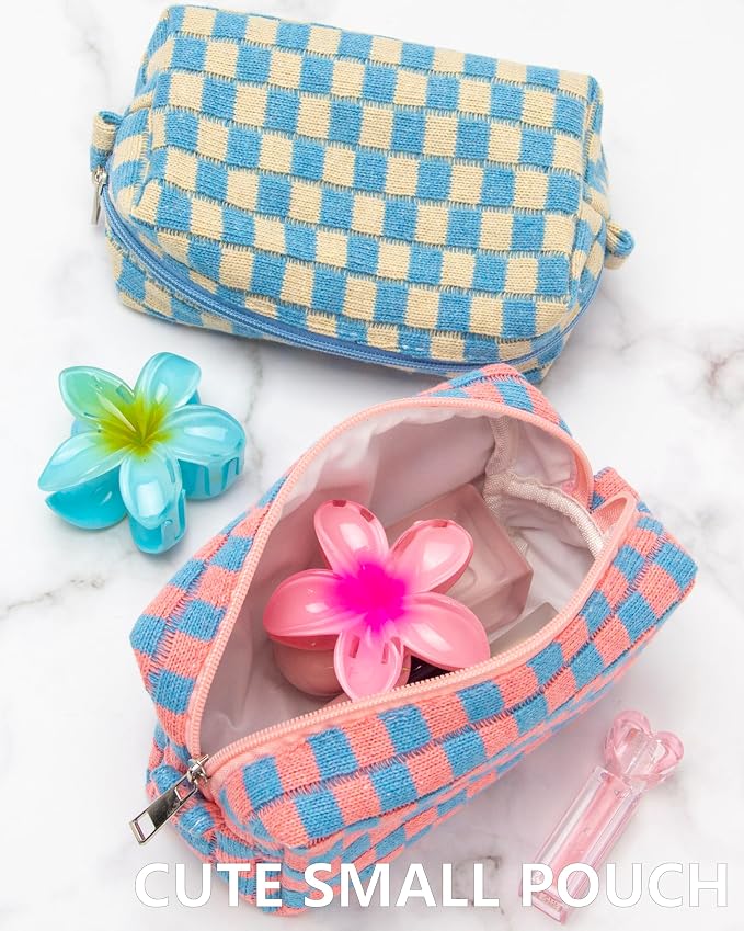 Checkered Makeup Bag for Purse, Small Travel Cosmetic Pouch,Red Blue | Cute Zipper Makeup Organizer for Women, Travel Essentials, Toiletries, Makeup Brushes, Beauty Accessories&Bridesmaid Gifts