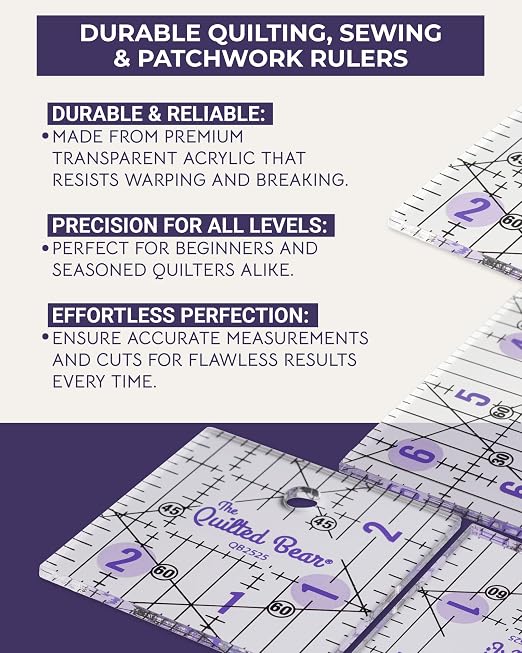 The Quilted Bear Square Quilting Ruler, Transparent Acrylic, 2.5" x 2.5" | Non-Slip, Precise Bold Lines, 30, 45 & 60 Degree Angles, 3mm Thick Transparent Acrylic, for Quilt Blocks, Sewing & Craft