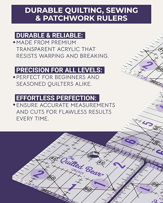 The Quilted Bear Rectangular Acrylic Quilting Ruler, 6.5" x 12" | Non-Slip, Precise Bold Lines, 30, 45 & 60 Degree Angles, 3mm Thick Transparent Acrylic, for Quilt Blocks, Sewing & Craft