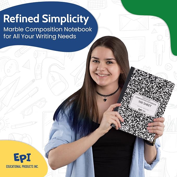 24 Pack - EPI Marble Hardcover Wide Ruled Composition Notebook | 200 Pages (100 Sheets), 9.75 x 7.5 in, Sturdy Sewn Binding | School, Office, Journaling, Notes