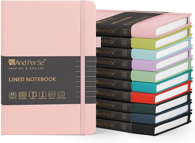 &And Per Se 10-Pack Lined Notebooks, A5 Hardcover, 160 Pages 100gsm Thick Paper, Office Supply Bulk Order, Corporate New Hire Kits, Breakroom Essentials – College Ruled, 10 Units (Pastel Colors)