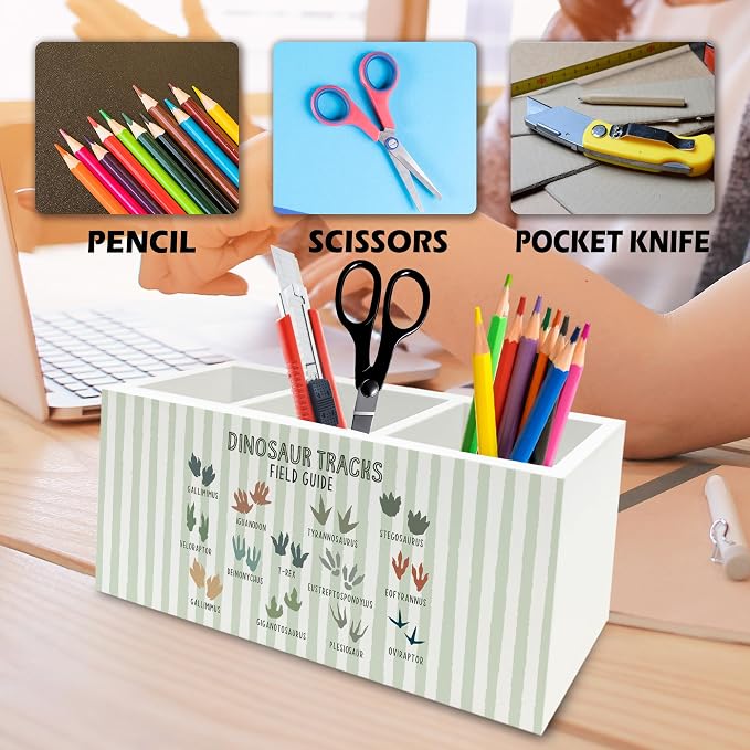 Dinosaur Tracks Nursery Pen Pencil Holder Organizer for Desk, Dino Footprints Educational Wooden Box Signs Decorations for Kids Nursery Room Desk Tabletop, Dinosaur Gifts for Kids Boys