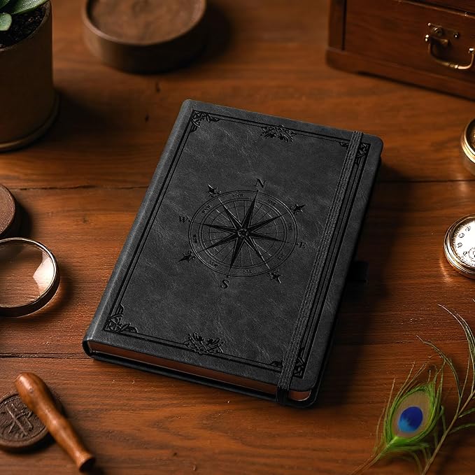 AHGXG Thick Dotted Notebook, 320 Numbered Pages, A5 (5.75'' X 8.38'') | Journal for Writing, 100gsm Dot Paper, Vintage Leather Hardcover, for Women Work Office School (Black)