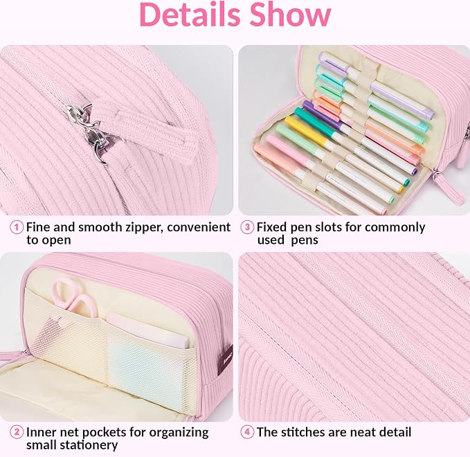 Sooez Big Capacity Pencil Case Pen Pouch, Soft Corduroy Pencil Bag with 3 Compartment, Multiple Pockets, Sturdy Zipper, Cute School Supplies Pen Bag Organizer For Teen Girls College, Pink
