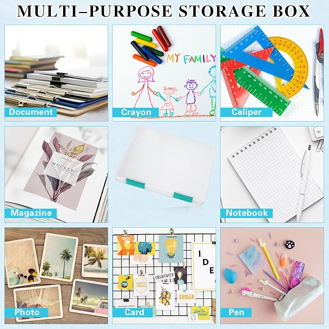 PerKoop 6 Pcs Clear Paper Storage Box,12.4 x 9.84 x 1.18 Inches,Dark Green | A4 Plastic File Box Document Paper Organizer Storage Board Game Project Cases Containers with Buckle for Craft, Magazine