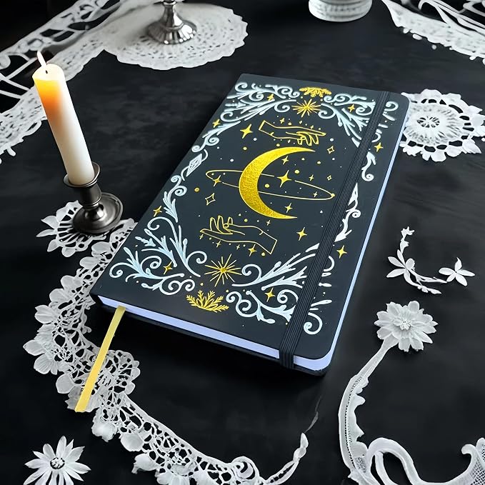 BUKE A5 Dotted Journal – 160gsm Ultra Bamboo Paper, Moon & Star Foil Cover, Flat Lay Notebook with Gift Box – 160 Pages, 5mm Dot Grid, Faux Leather Hardcover (Black)