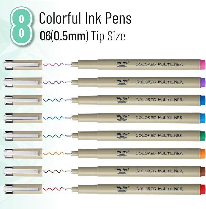 Mr. Pen- 0.5mm Micro Fine Point Pens, 8 Pack, Colorful Ink, Waterproof | Acid-Free, No-Smear Quick-Dry Fineliner Pens for Drawing, Sketching, Bible Journaling, Outlines & Everyday Writing