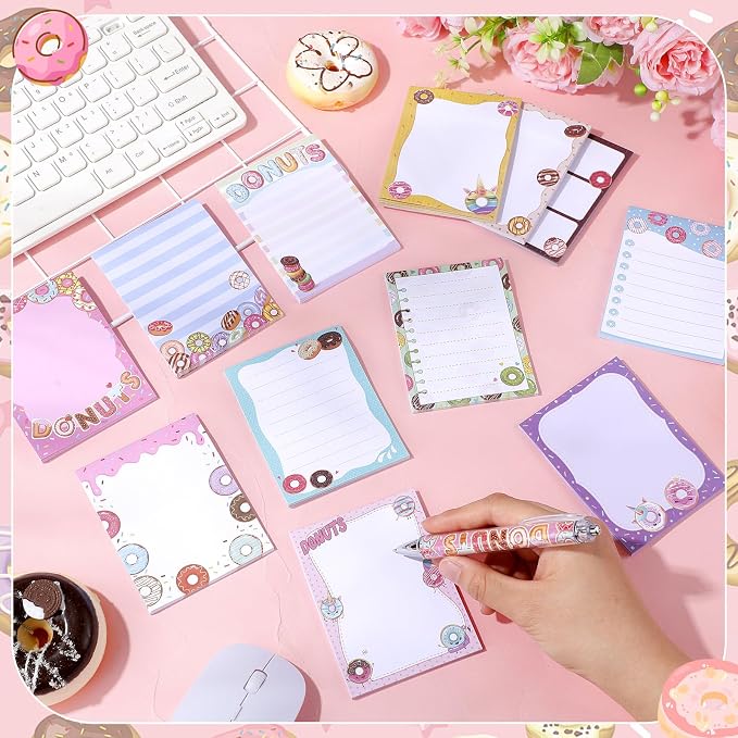Chiisong 12 Pieces Cute Sticky Notes Gifts Donuts Sticky Notes Donut Party Favors 3x4 Inch Fun Kawaii Adhesive Notepads Cartoon Memo to Do List for Birthday Return Gifts Reward Office Home Supplies