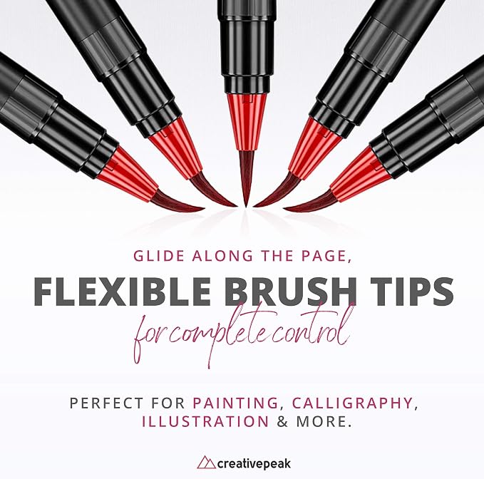 Creativepeak Watercolor Brush Pens - 24 Vibrant Soft Tip Coloring Markers with 2 Blending Brushes - Premium Art Supplies for Calligraphy, Lettering, Coloring & Journaling