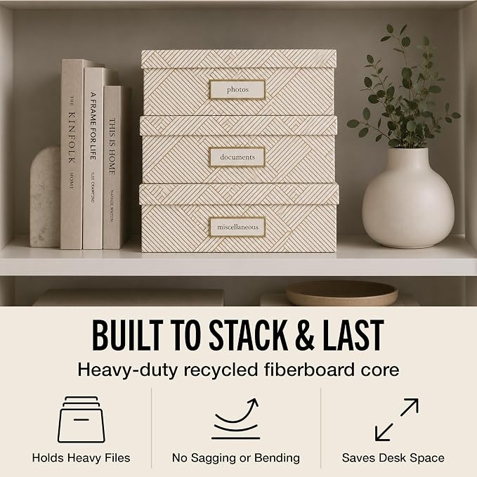 Bigso Oskar Fiberboard Label Frame Document Letter Box for Important Paperwork A4 or Letter Size - Durable Keepsake Box with Lid and Metal Label Holder - 3.3in x 10.2in x 13.8in - Golden Square