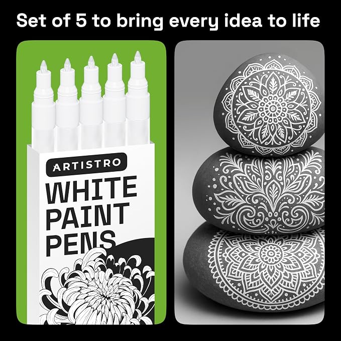 ARTISTRO White Paint Pens - Extra-Fine Tips - Set of 5 | Acrylic Paint Markers, Water-Based, For Rock, Glass, Ceramic, Wood, Tire, Fabric, Metal, Canvas, Marking, Painting