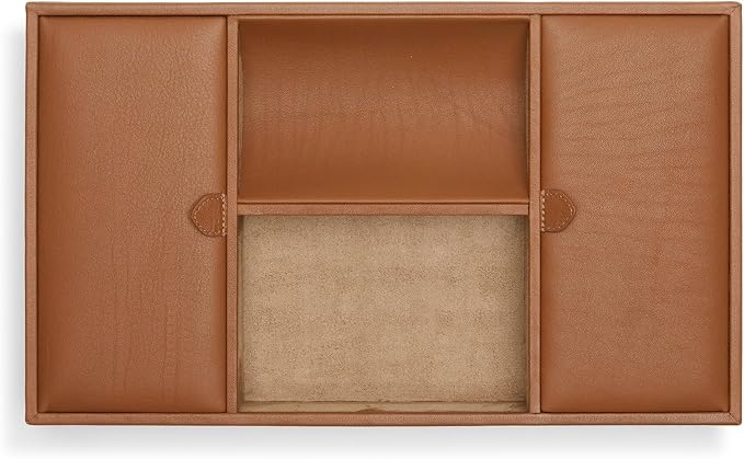 Leatherology Cognac Deluxe Valet Tray – Jewelry & Watch Organizer with Covered and Open Compartments, Microsuede Lining – Elegant Catchall for Bedroom, Closet or Bathroom