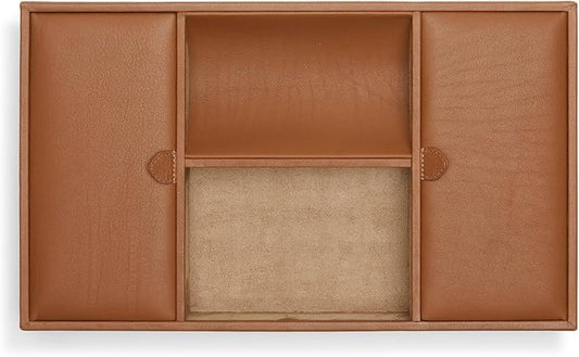 Leatherology Cognac Deluxe Valet Tray – Jewelry & Watch Organizer with Covered and Open Compartments, Microsuede Lining – Elegant Catchall for Bedroom, Closet or Bathroom