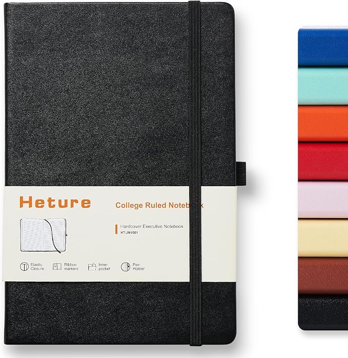 Heture Hardcover Notebooks, A5 Lined Journals Notebook for Writing 160 Pages, 8.2 x 5.5 inch, Classic Ruled Notebooks for College/Work/Travel (Black, 1 Pack)