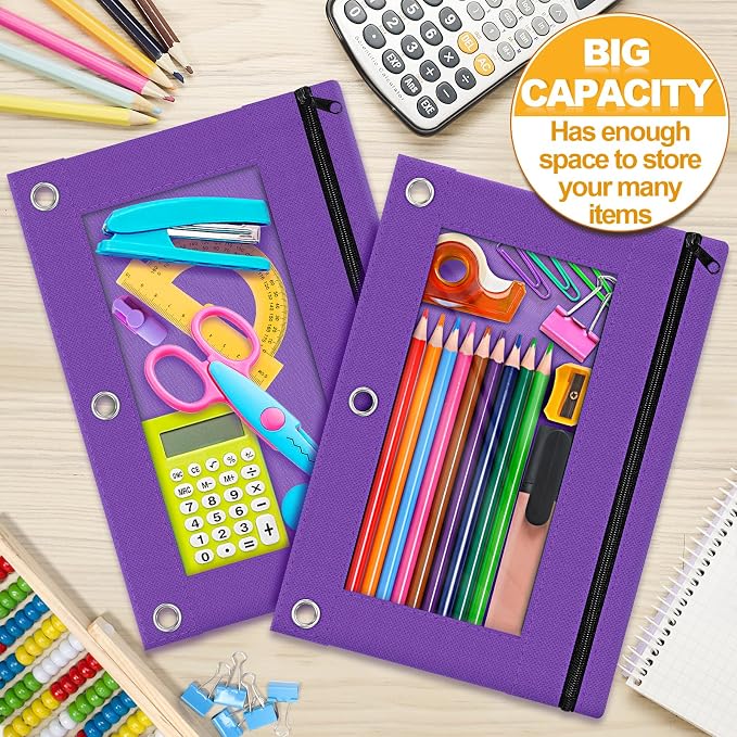 Pencil Pouch for 3 Ring Binder, 2 Pack Pencil Bags with Zipper, Purple Pencil Case for Classroom School Office Supplies, Large Sturdy and Durable Cloth Pencil Pocket for 3 Holder Binder