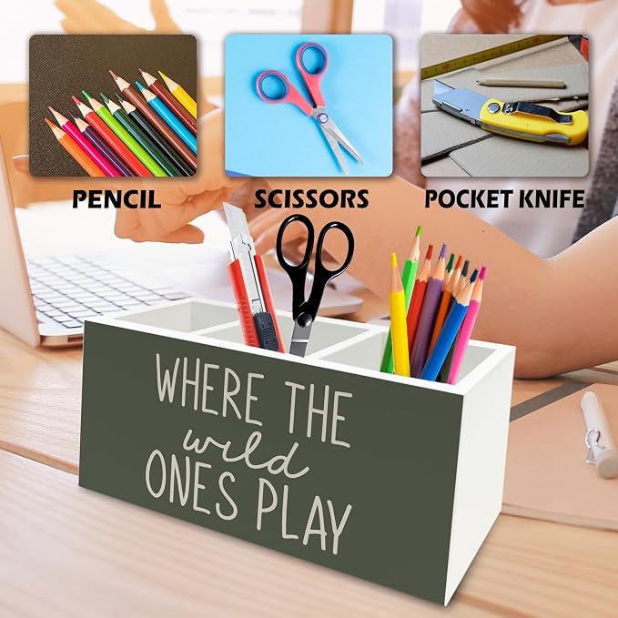Boho Green Kids Pen Pencil Holder Organizer for Desk, Where the Wild Ones Play Wooden Box Signs Decorations for Kids Boys Room Bedroom Playroom Desk Tabletop, Boy Nursery Decor