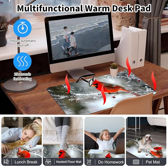 Heated Desk Pad Mouse Pad,Heated Desk Mat,with 3 Heating Levels & 3 Hours Auto Shut-Off,Leather 23.6"*14.2" Gaming Mouse Laptop Mat,Foot Warmer,Red Main Cardinal Bird