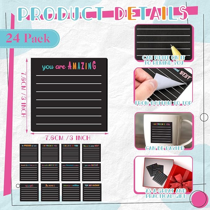 Yinder 24 Pcs Sticky Notes Gifts Bulk,Appreciation,Black