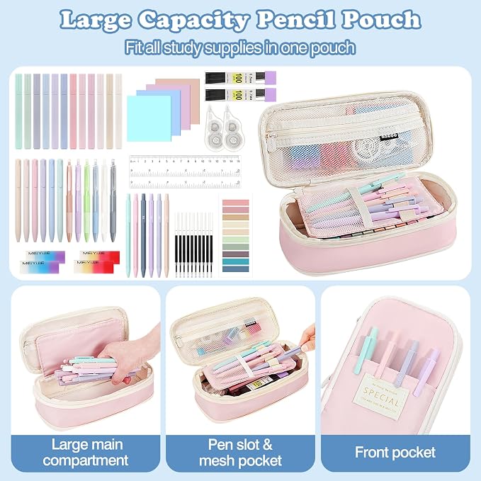 MoKo Pencil Case with Supplies, 56Pcs Aesthetic School Set, Pink | Includes 12 gel pens, 12 highlighters, 6 mechanical pencils, refills, sticky notes, index tabs, rulers and correction tapes.