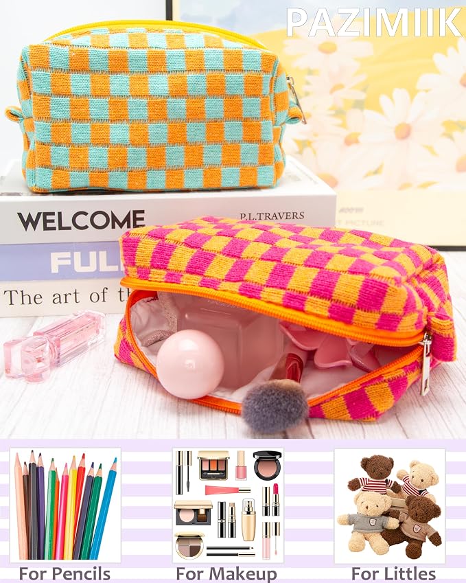 Checkered Makeup Bag for Purse, Small Cosmetic Pouch,Red Orange,2 Pack | Cute Zipper Makeup Organizer for Women, Travel Essentials, Toiletries, Makeup Brushes, Beauty Accessories&Bridesmaid Gifts