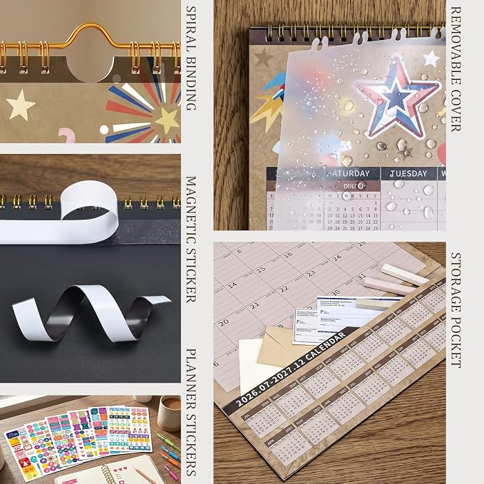 Ospelelf Wall Calendar 2026-2027 with Storage Pockets, 17" X 12" Monthly Large Planner Pad with Protective Cover and Stickers, for Family Fridge Office Teacher School, Use July 2026 to December 2027 Kraft Season