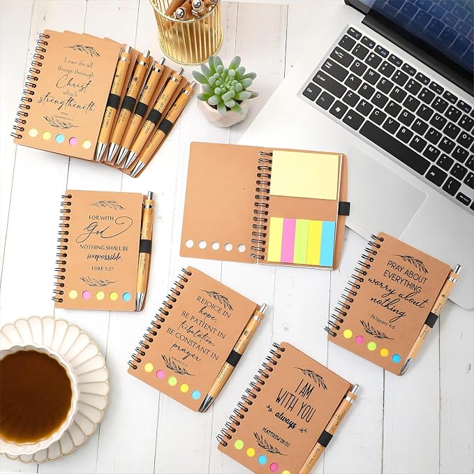 Kosiz 60 Pcs/ 30 Set Christian Gift Bulk Bible Verse Bamboo Pen Spiral Bible Notebook with Notes Religious Basket Stuffers for Back to School Teacher Church Members Coworker (Kraft)