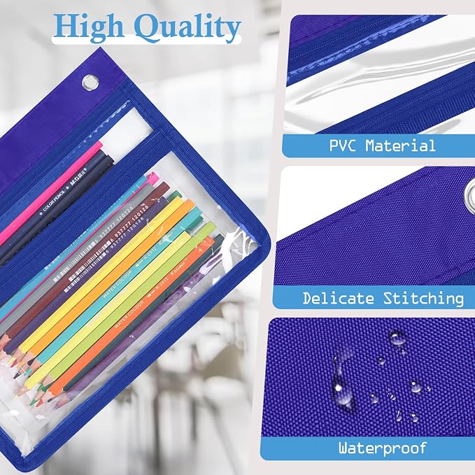 YoeeJob 24 Pack Zipper Pencil Pouches for 3 Ring Binder, 1.5 Inch Expandable with 2 Pockets and Clear Window for School and Office （Blue）