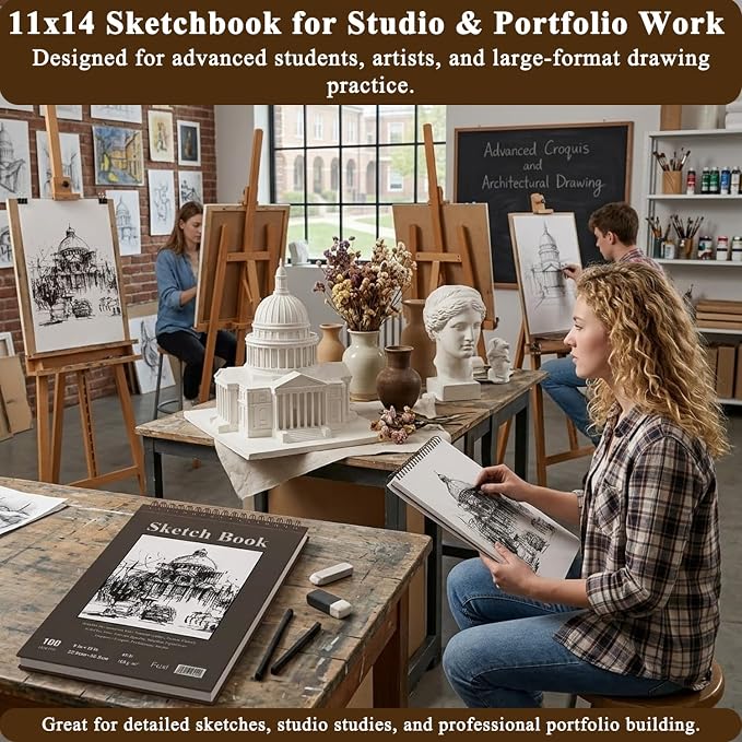 Fuxi Sketchbook 8.5x11, 100 Sheets Hard Cover Sketch Book 8.5" x 11", 68 lb/100gsm Drawing Pad Paper, Spiral Sketch Pad 8.5" x 11", Blank Sketchbook for Art Class, Artist Supplies for Adults