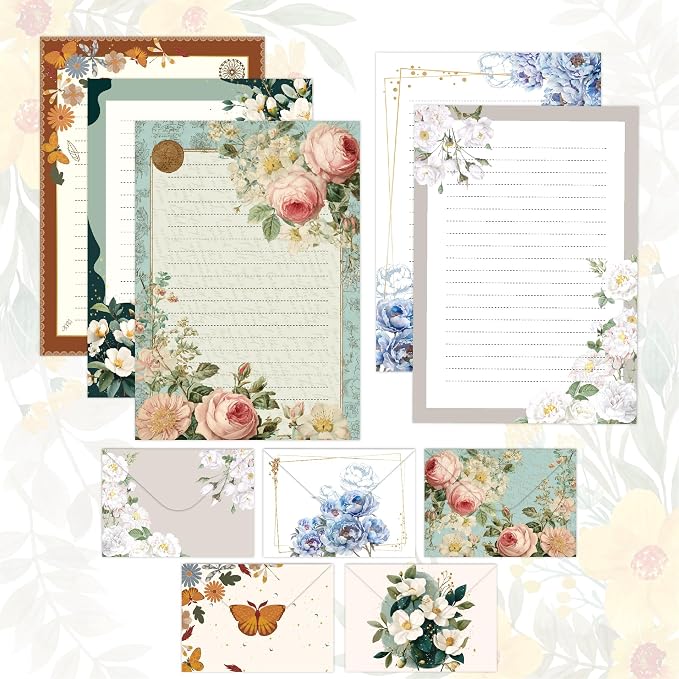 Vintage Rose Stationery Set, 5 Styles Letter Kit with 25 Envelopes, 25 Lined Paper, 2 Sheets Stickers (40pcs), Floral Stationery for Pen Pal, Invitations, 90 Pcs Total