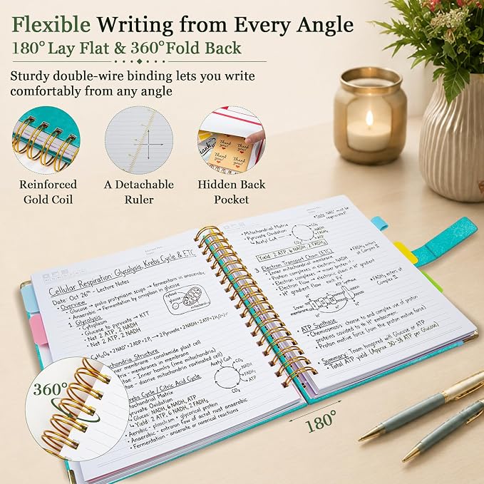 Hardcover Spiral Notebook 8''x 10'' College Ruled Notebook with Magnetic Closure, 300 Pages 5 Subject Notebooks with Pocket Dividers for Work School, B5 Leather Journal for Women, Men (Cyan)