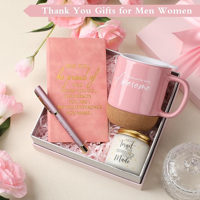Sayglossy 4 Pcs Thank You Gift Set for Women Men Back to School Teacher Appreciation Gift Leather Notebook Inspirational Coffee Mug Scented Candle Ballpoint Pen for Employee Coworker Nurse Boss, Pink