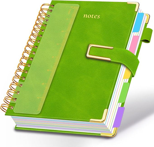 Hardcover Spiral Notebook College Ruled, 6.2"x 8.2" Leather Journal Notebook with Magnetic Closure, 300 Pages 5 Subject Notebook with Dividers Tabs Journal for Women Men, Work, School(Grass Green)