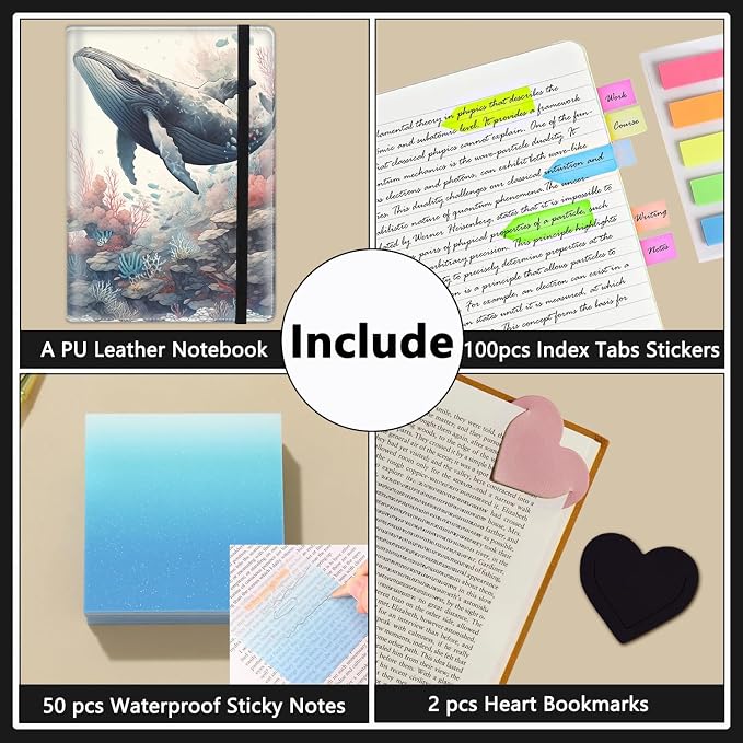 A5 Leather Lined Journal Notebook, 200 Pages Hardcover Executive Notebook for Men Women Office School Note Taking, Thick Writing Paper Daily Journal with Bookmarks/Indexes, Whale Attractive