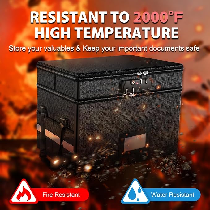 RHM Fireproof Document Box with Lock, 2 Layer Fire Proof File Box for Documents with Handle, Portable Home Office Fire Safe Document Box for Hanging Letter/Legal Folder/Certificate | Fireproof to 2000°F, Waterproof, Large Capacity, Night Reflective Str...