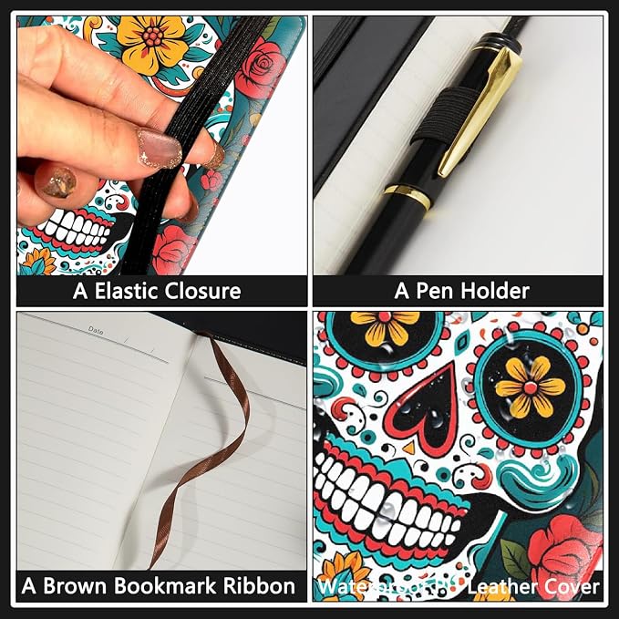 A5 Leather Lined Journal Notebook, 200 Pages Hardcover Executive Notebook for Men Women Office School Note Taking, Thick Writing Paper Daily Journal with Bookmarks/Indexes, Cute Sugar Skull