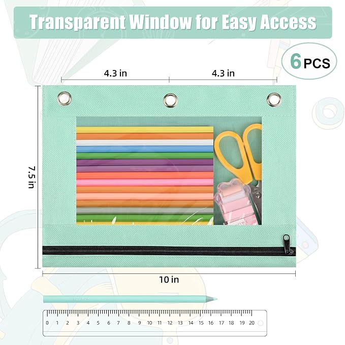 Lanpn Pencil Pouch for 3 Ring Binder 6 Pack, Pastel Binder Pen Bags with Zipper, 3 Holes Pencil Holder Stationary Organizer for Boy Girl Kids School Student, Reinforced Grommets & Clear Window, Green